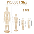Miniatyrbillede 3 af 5: 9 stk. Kunstner Mannequin Model Træ Manikin Tegning Bevægelig Figur Model med Stativ Fleksibelt Led