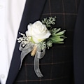 Miniatyrbild 1 av 2: 2 st bröllopsboutonniere för brudgum och best man kostymdekoration konstgjorda rosor knapphål blomma för bröllop bal fest, elfenben