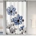 Miniatyrbillede 1 af 5: Unikt blomstret blåt bruseforhæng til badeværelsesindretning, blå og grå tusindfryd blomst elegant vildblomst design bondehus bruseforhæng med kroge