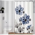 Miniatyrbillede 3 af 5: Unikt blomstret blåt bruseforhæng til badeværelsesindretning, blå og grå tusindfryd blomst elegant vildblomst design bondehus bruseforhæng med kroge