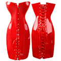 Pikkukuva 3 / 5: Steampunk-naiset kiiltävä PU-nahkainen Overbust pitkä korsetti mekko vyötärövalmentaja Bustiers Corselet Sexy Deep V-kaula lyhyt ulkoiluvaatteet Black Satin 4XL
