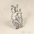 Miniatyrbillede 2 af 5: Kvinde Mode Skinnende Rhinestone Hul Blad Led Knogle Ring Smykker Silver