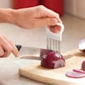 Miniatyrbilde 1 av 2: Shrendders Slicers Tomat Løk Grønnsaker Slicer Skjærehjelp Holder Guide Slicing Cutter Sikker Gaffel Kjøkken Matlaging Tilbehør