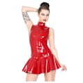 Miniatyrbillede 4 af 5: S-5XL Kvinde Sexet Klub Rød Sort Blankt Kunstlæder Kjoler Turtleneck Front Lynlås Latex Plisseret Bodycon Kort Kjole Red 4XL