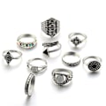 Miniatyrbild 4 av 4: 10 st/set Boho Kvinnor Retro Sol Fjäder Pil Carved Knuckle Midi Stacking Ringar Antique Silver