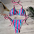 Miniatyrbilde 3 av 4: Sexy Bikini Thong Set med Push-Up Polstring for Kvinner - Sommerstrand Badetøy Striped Blue Pink L