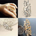 Miniatyrbillede 4 af 5: Kvinde Mode Skinnende Rhinestone Hul Blad Led Knogle Ring Smykker Golden