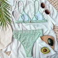 Miniatyrbild 3 av 4: Dam Bikinisätt med Hög Midja Push Up, Baddräkt, Strandkläder Green M