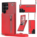 Miniatyrbild 1 av 4: Case i läder för Samsung Galaxy S23 Ultra/ S23+/ S23 med halsrem & stativ & dragkedja Red for S23 Plus