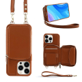 Miniatyrbild 1 av 5: Crossbody dragkedja Case Kompatibel med Iphone 15 Pro Max, Pu Läder Stötsäkert cover med handledsrem & korthållare Brown For iPhone 15 Pro Max