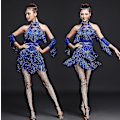 Miniatyrbild 3 av 4: Nya latinska dansdräkter Dam Salsa Danskläder Dansdräkt Klänningar Ballroom Tävlingsklänningar Tango Vuxen Fringe Guld Paljett Blue XL