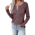 Miniatyrbild 4 av 5: Kvinnors höst-/vintermode V-ringad print Långärmad Casual Lös T-shirt Plus Size Burgundy 2XL