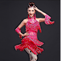 Miniatyrbild 4 av 4: Nya latinska dansdräkter Dam Salsa Danskläder Dansdräkt Klänningar Ballroom Tävlingsklänningar Tango Vuxen Fringe Guld Paljett Red M