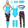 Miniatyrbild 1 av 5: 7 st 80-tals träningskostym 80- set 80-tals 90-tals Leotard Legging Pannband Armband Benvärmare Örhängen Fanny Pack Cute Neon 3X-Large