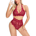 Pikkukuva 1 / 8: Naisten seksikkäät yöasut, pitsiriimurintaliivit, matalavyötäröiset pikkuhousut Bodydoll - spot-ale wine red L