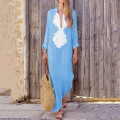 Miniatyrbillede 1 af 4: Dame Trykt Langærmet V-hals Kjole Split Hem Baggy Kaftan Lang Kjole Blue XL