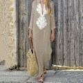 Miniatyrbilde 1 av 5: Kvinners trykte langærmet V-hals kjole Split Hem Baggy Kaftan Lang Kjole Khaki XL