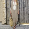 Miniatyrbillede 1 af 5: Dame Trykt Langærmet V-hals Kjole Split Hem Baggy Kaftan Lang Kjole Khaki XL