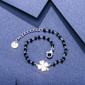 Miniatyrbillede 3 af 7: Lykkekløver Charm Armbånd Rustfrit Stål Sort Perle Enkel Lykke Charm Armbånd (Sølv) White