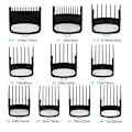 Miniatyrbillede 3 af 5: Clipper Guards Cutting Guides til Wahl Clipper - 10-pak, passer til alle Wahl-klippere i fuld størrelse, 1/16 tomme til 1 tomme (1,5-25 mm), sort