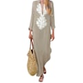 Miniatyrbilde 3 av 5: Kvinners trykte langærmet V-hals kjole Split Hem Baggy Kaftan Lang Kjole Khaki XL