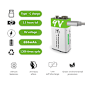 Miniatyrbillede 3 af 5: 9v Li-ion Genopladeligt Batteri 650mah Type-c Usb Lithium Li Ion 9v Batterier