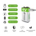 Pikkukuva 3 / 5: 9v Li-ion ladattava akku 650mah Type-c Usb Lithium Li Ion 9v paristot