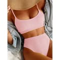 Kvinnor Hög Midja Ribbad Cami Bikini Set Rosa M-US8 Pink M