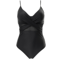 Miniatyrbillede 2 af 5: Kvinders Sort V-hals Enkelt Stykke Badetøj Indpakket Mesh Badetøj, XL Black XL