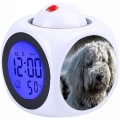 Miniatyrbild 1 av 5: Barn Vit Projektion Digital Väder LCD Klocka Bell Alarm Display Bakgrundsbelysning Projektor Hem Klocka Timer Vuxen Vit Leksak Pudel på Selektivt Fokus