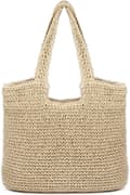 Beige Kvinnor Halm Väska Bred Axel Tote Sommar Strand Vävd Halm Väska