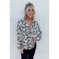 Miniatyrbillede 3 af 4: Kvinde Floral Ruffled Tunika Bluse Tie V Hals Casual Langærmet Babydoll Peplum Toppe (L)