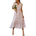 Miniatyrbillede 1 af 4: Kvinder 2023 Floral Sommerkjole Wrap V Hals Kort Ærme Snørebånd Ruffle Hem A Linje Boho Maxi Kjole