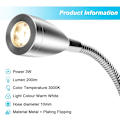 Miniatyrbilde 3 av 5: 2 pakker 3W (sølv euro gauge) veggmonterte sengelamper, 3000K varmt hvitt leselampe veggmontert lampe gåsehals LED leselampe lys