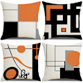Miniatyrbillede 1 af 4: Sæt med 4 sorte og orange geometriske dekorative pudebetræk, 45 x 45 cm, moderne geometrisk mønster med grå striber, sort og rød, irregulær indretning