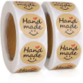 Pikkukuva 1 / 5: 1000 kpl Kraft-paperilahjatunnistetta, \"Handmade\"-pyöreä tarra luonnonvärinen Kraft-paperi (2 rullaa)