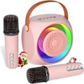 Miniatyrbillede 1 af 5: Karaoke-maskine til børn, Bluetooth-højttaler med 2 trådløse mikrofoner og LED-lys, julefødselsdagsgaver til piger (lyserød farve)