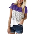 Miniatyrbillede 4 af 4: Rund Hals Triple Color Block Stripe T-Shirt（L, Murstenrød）