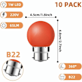 Miniatyrbild 5 av 5: Förpackning med 10 B22 2W LED-lampor, färgade energieffektiva glödlampor, julgranslampor, ljusslingor röd, gul, blå, grön, lila,