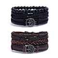 Miniatyrbillede 1 af 5: 6-delt sæt af læderarmbånd til mænd (sort og brun) med krøllede kanter, kvast træperler, etnisk og tribal religiøs charme