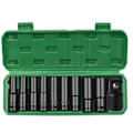 Miniatyrbilde 1 av 5: Tredelt 1/2 tommes sekskantede kraftpiper, 10 deler, dype piper, metriske størrelser fra 10 til 22 mm og 3/8 tommes adapter, CR-V materiale med rekkevidde