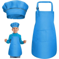 Pikkukuva 1 / 3: Sininen - Apron + kokin hattu -setti, säädettävä lasten keittiöesiliina taskuilla ruoanlaittoon, leivontaan ja maalaamiseen, 4-12-vuotiaille lapsille