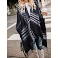 Miniatyrbild 2 av 5: Kvinnors Capes, Cape Style Höstkläder, Framtill Öppen Boho Buffalo Ull Cardigan, Oversized Rutig Cape Tröja med Fransar, Svart - Ränder