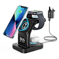 Miniatyrbilde 1 av 4: Trådløs lader, 5-i-1 hurtiglading for iPhone 12+ (med magnetisk serie), 15W QI med klokke | Nattlys for Apple iWatch/AirPods