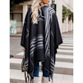 Miniatyrbild 3 av 5: Kvinnors Capes, Cape Style Höstkläder, Framtill Öppen Boho Buffalo Ull Cardigan, Oversized Rutig Cape Tröja med Fransar, Svart - Ränder