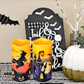 Pikkukuva 4 / 5: Halloween liekittömät välkkyvät LED-kynttilät 6 tunnin ajastimella, paristokäyttöiset vahakyntilät valikoima tarroja Noita, Lepakko, Linna 3-osainen sarja koristeluun