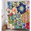 Miniatyrbillede 2 af 5: Boho Blomster Bruseforhæng til Badeværelse, Lyst Stof Blomster Bruseforhæng med 12 Kroge, Multi Farve 180x180cm