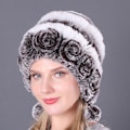 Miniatyrbillede 1 af 5: Kvinde Faux Fur Huer, Vinter Faux Fur Huer, Varme Huer med Blomsterstriber, Bløde og Fluffy Huer One Size