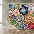 Miniatyrbillede 1 af 5: Boho Blomster Bruseforhæng til Badeværelse, Lyst Stof Blomster Bruseforhæng med 12 Kroge, Multi Farve 180x180cm