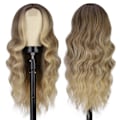 Miniatyrbilde 2 av 4: Lang brun bølget parykk, lang bølget midtskill parykk for kvinner syntetiske krøllete bølgete parykker naturlig bølget parykk for daglig festbruk (brun blandet blond, 24 tommer)